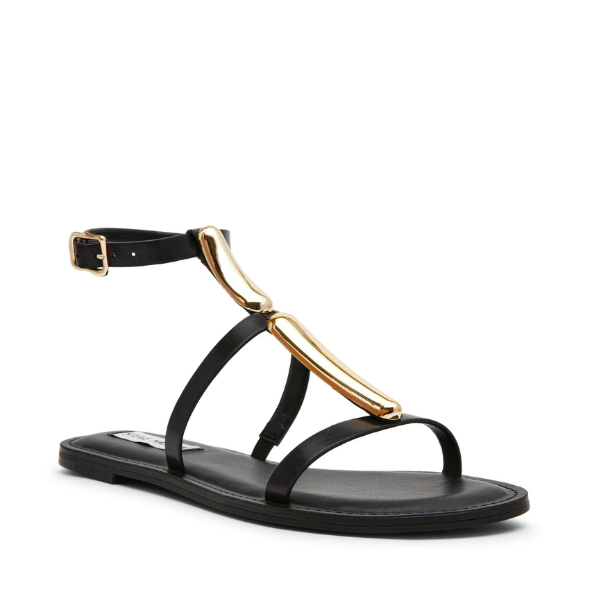 Alma Women's Black Leather Flat Sandals